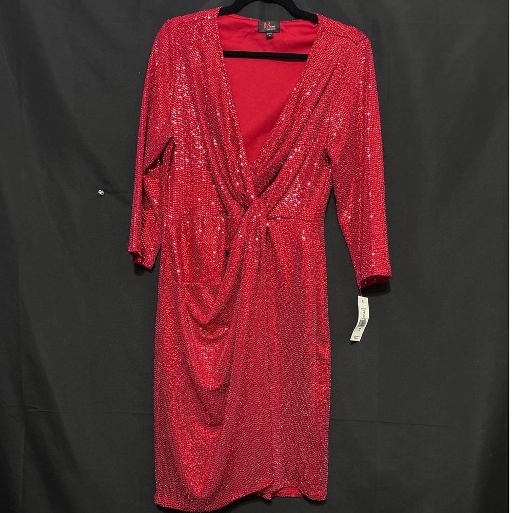 JM Studio Sequin Dress 14 Red Glam Holiday Knot Front V-Neck NYE Valentines